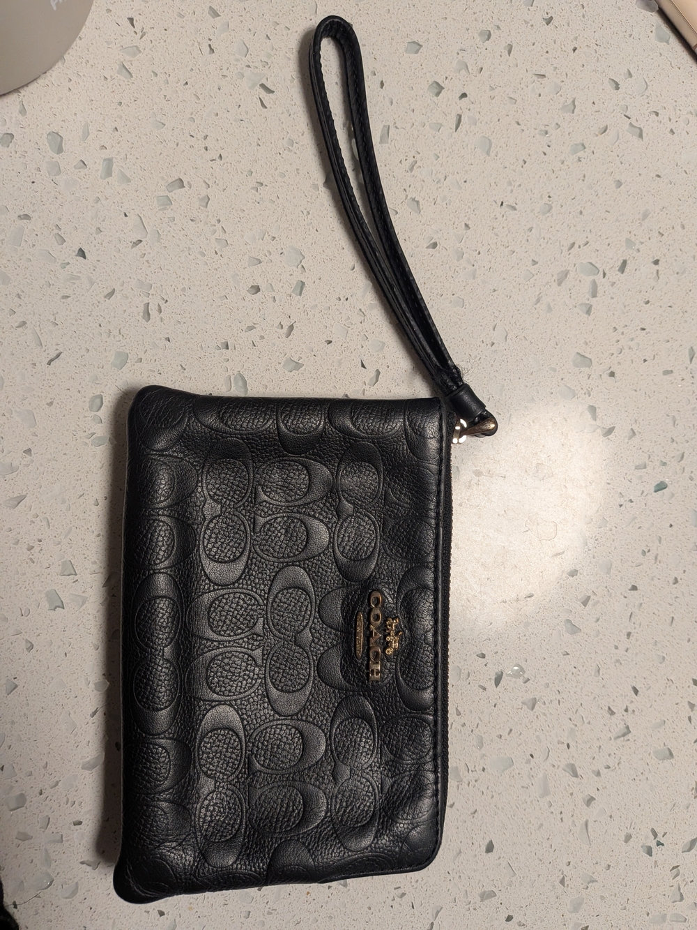 Coach Black Embossed Signature Leather Wristlet with Strap